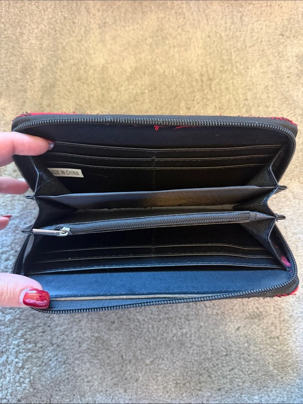 Red and Black Plaid Zip-Around Wallet with Interior Card Slots